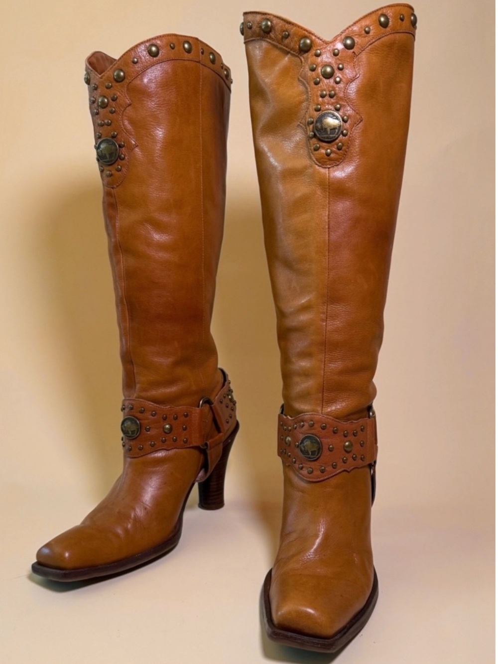 90s Studded Leather Western
Boots tan cowgirl chic gold buckle equestrian rare